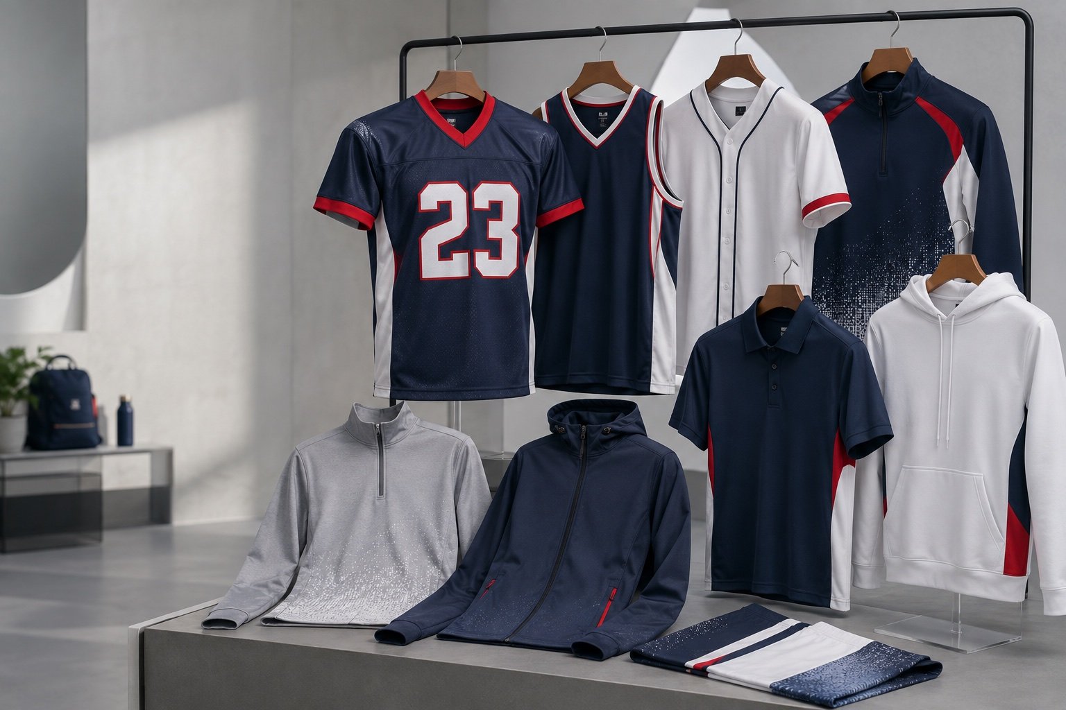 Illustrative overview of coordinated printed sportswear and outdoor apparel