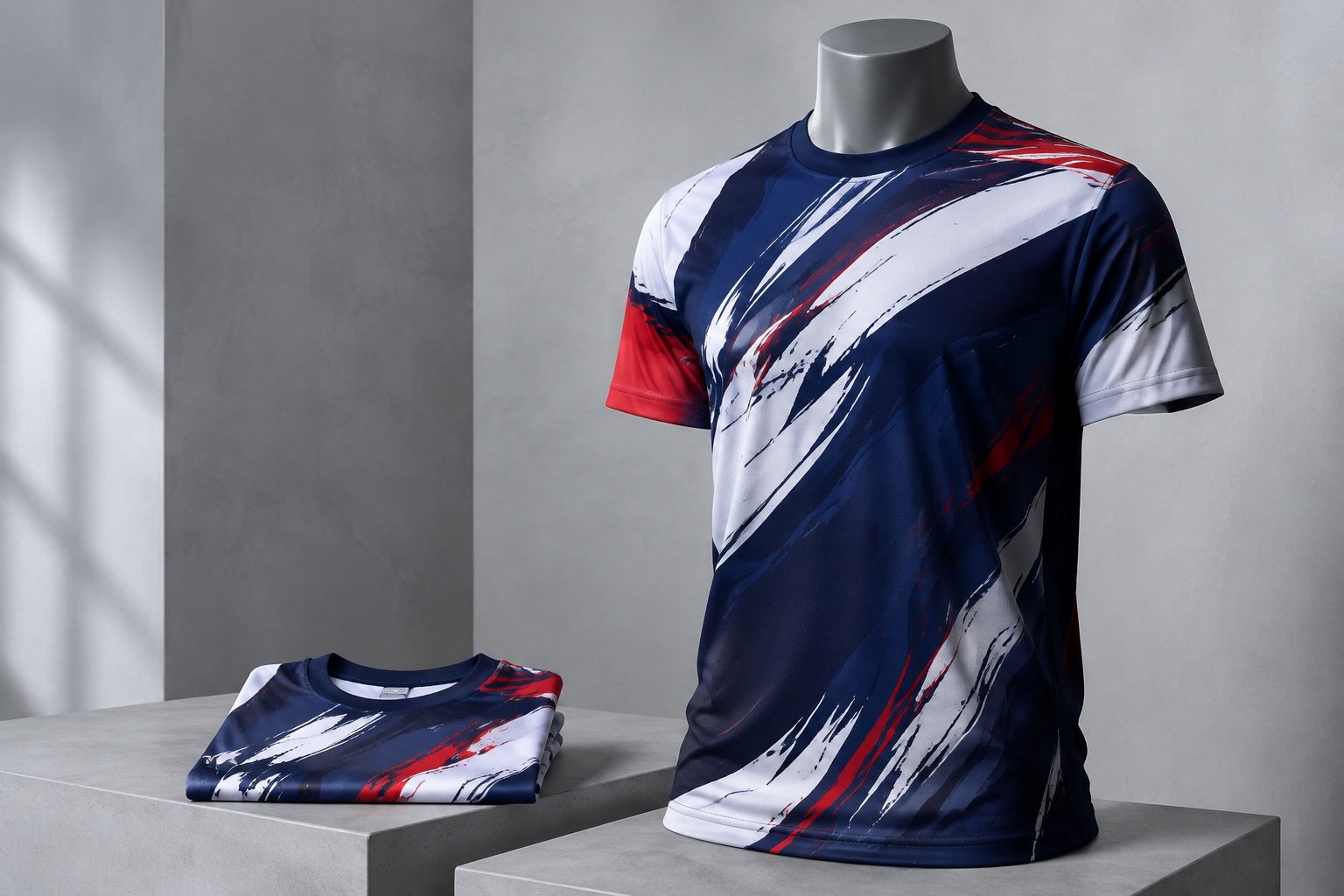 Illustrative custom printed polyester T-shirt presentation